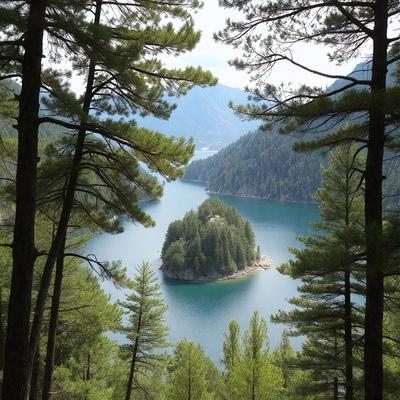 The primary subject of the image is a small island in the middle of a large body of water. The island is surrounded by trees, creating a serene and peaceful atmosphere. The setting is a natural environment, with the water and the island being the main focus of the scene. The visual style of the image is a photo, capturing the beauty of the island and its surroundings. The colors in the image are predominantly green, with the water and the trees providing a calming and soothing effect.